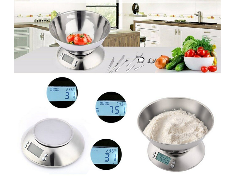 Elektroniskie virtuves svari ar bļodu, 5 kg, LCD, sudraba