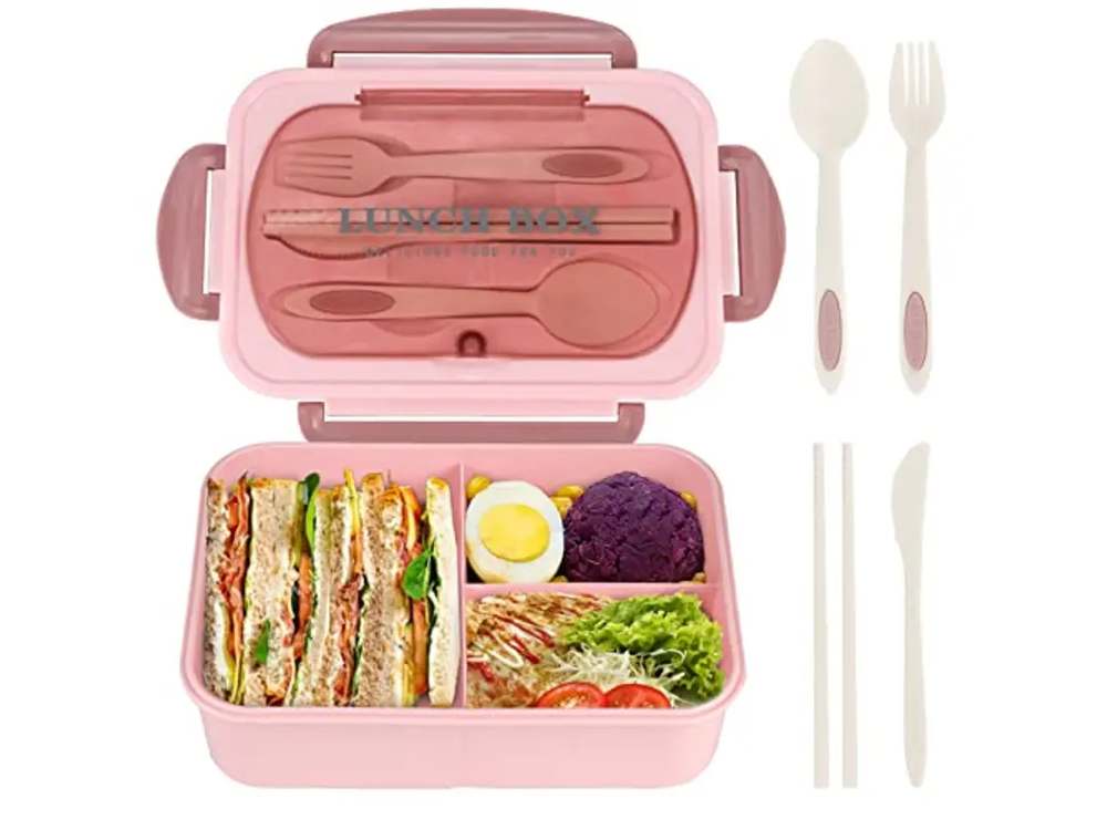 Lunch Box with Compartments and Cutlery, Pink