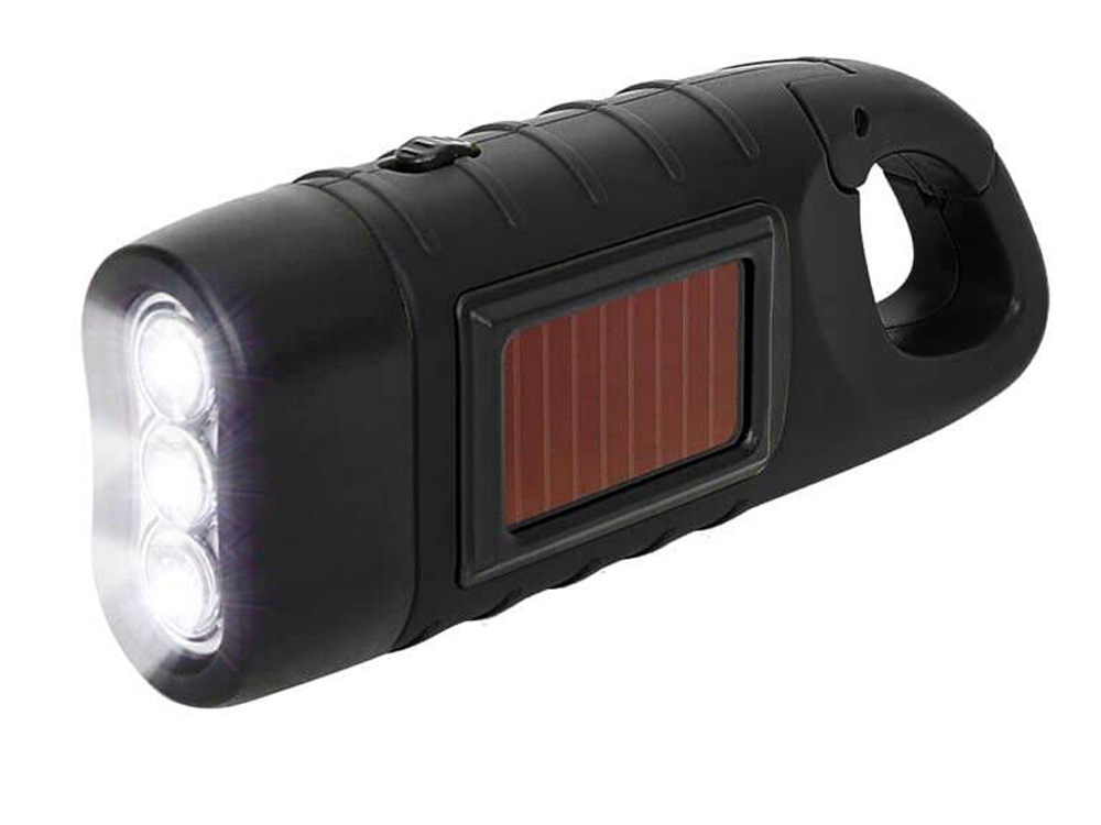 Динамо-фонарь с солнечной панелью и карабином, 3 LED, черный