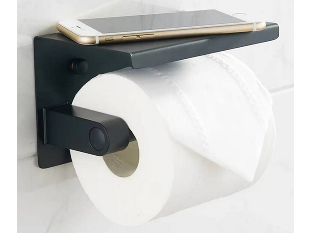 Loft Style Toilet Paper Holder with Phone Shelf, Wall Mounted, Black