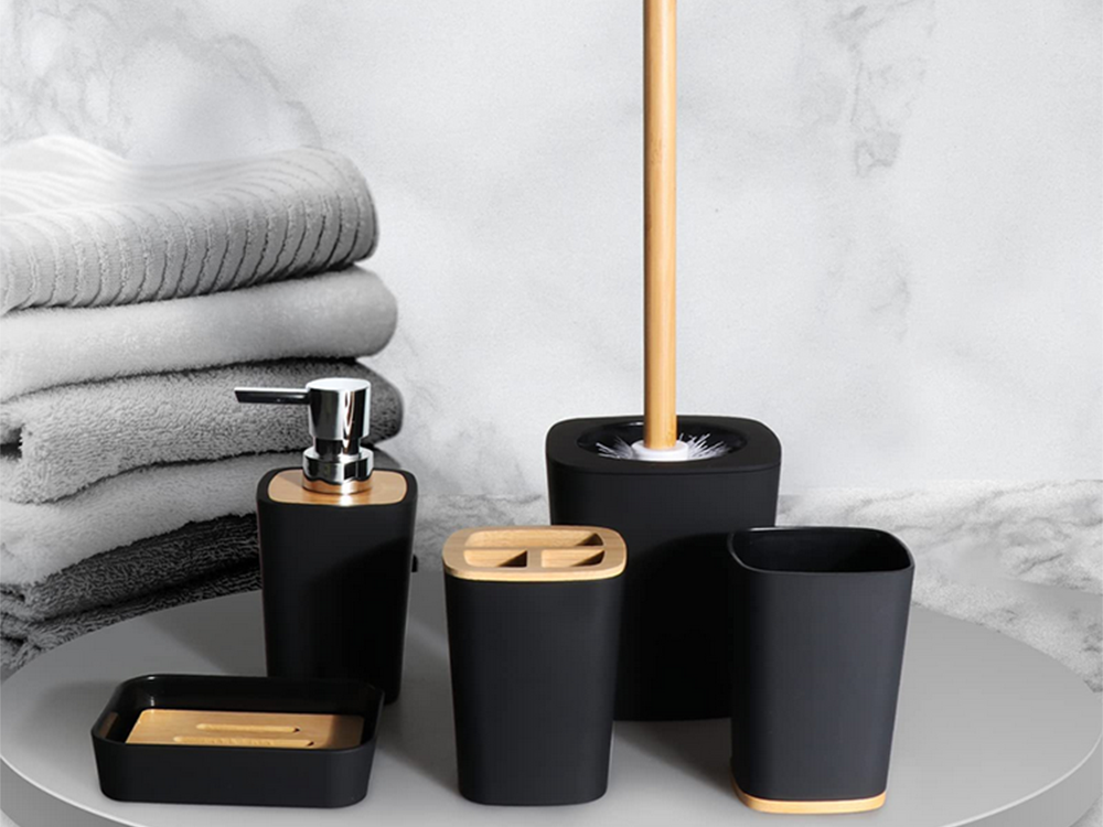 6-Piece Bathroom Accessory Set with Soap Dispenser, Toilet Brush & Bin, Bamboo