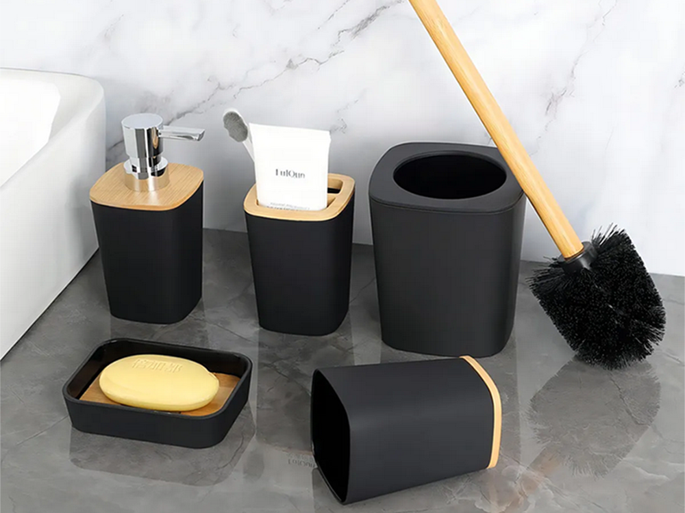 6-Piece Bathroom Accessory Set with Soap Dispenser, Toilet Brush & Bin, Bamboo