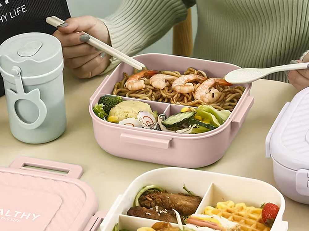 Bento Lunch Box with 3 Compartments and Utensils for Adults & Kids, Pink