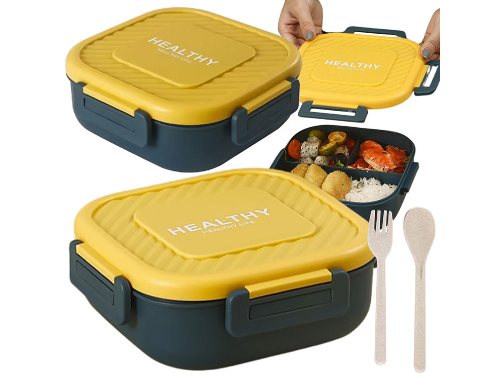Bento Lunch Box with 3 Compartments and Utensils for Adults & Kids, Leakproof, green