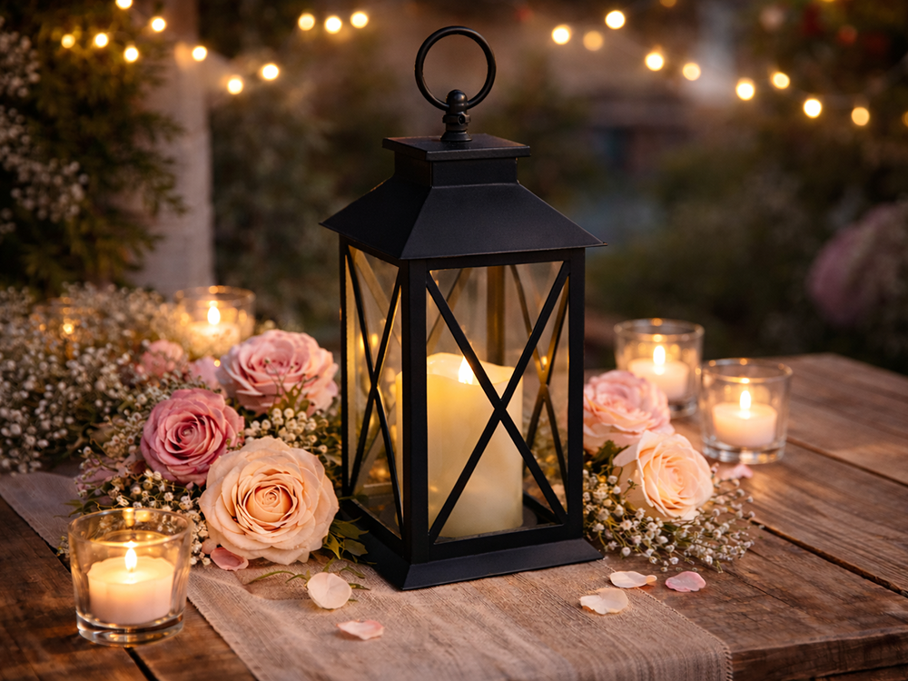 Decorative LED Lantern with Flickering Flameless Candle, 28cm, Black