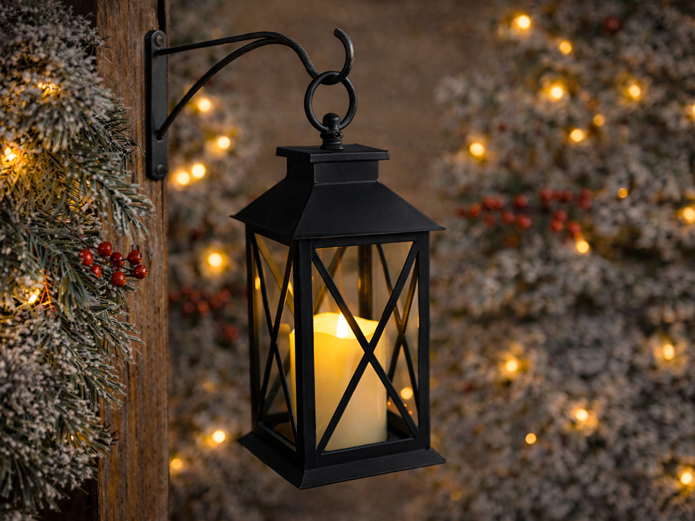 Decorative LED Lantern with Flickering Flameless Candle, 28cm, Black