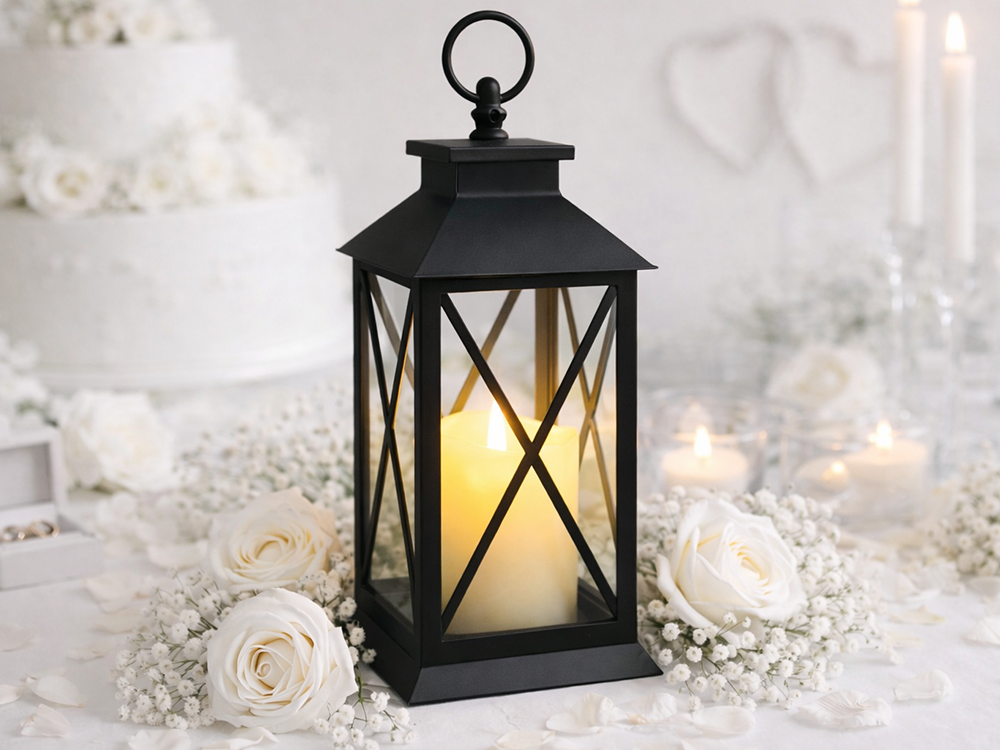 Decorative LED Lantern with Flickering Flameless Candle, 28cm, Black
