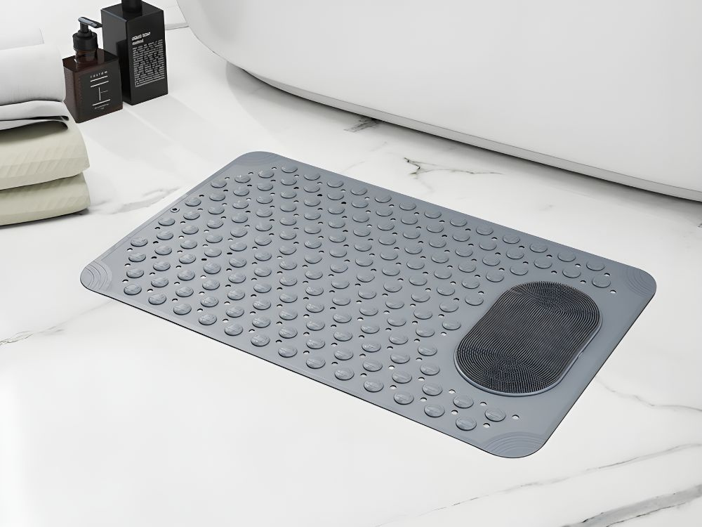 Non-Slip Shower Mat with Massaging Surface and Foot Scrubber for Bathroom Safety, Gray