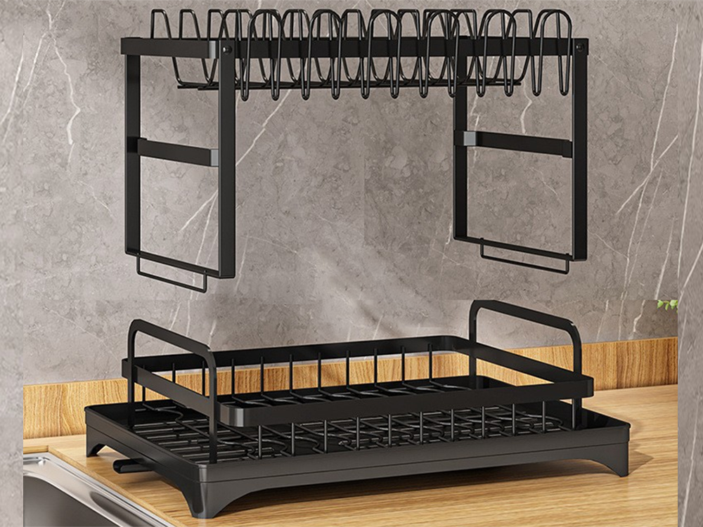2-Tier Dish Drying Rack with Drainboard for Kitchen Counter Plates and Utensils, Black