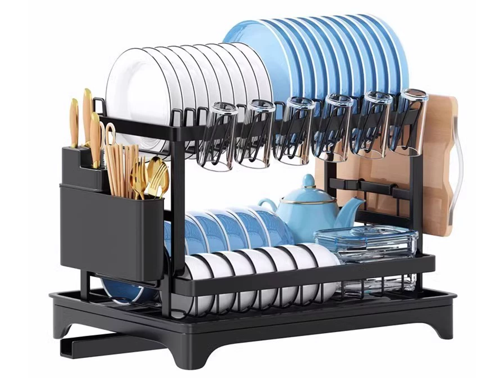 2-Tier Dish Drying Rack with Drainboard for Kitchen Counter Plates and Utensils, Black