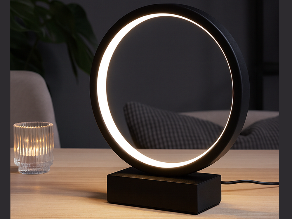 Dimmable LED Ring Table Lamp with 3 Color Modes and Brightness Control, Black