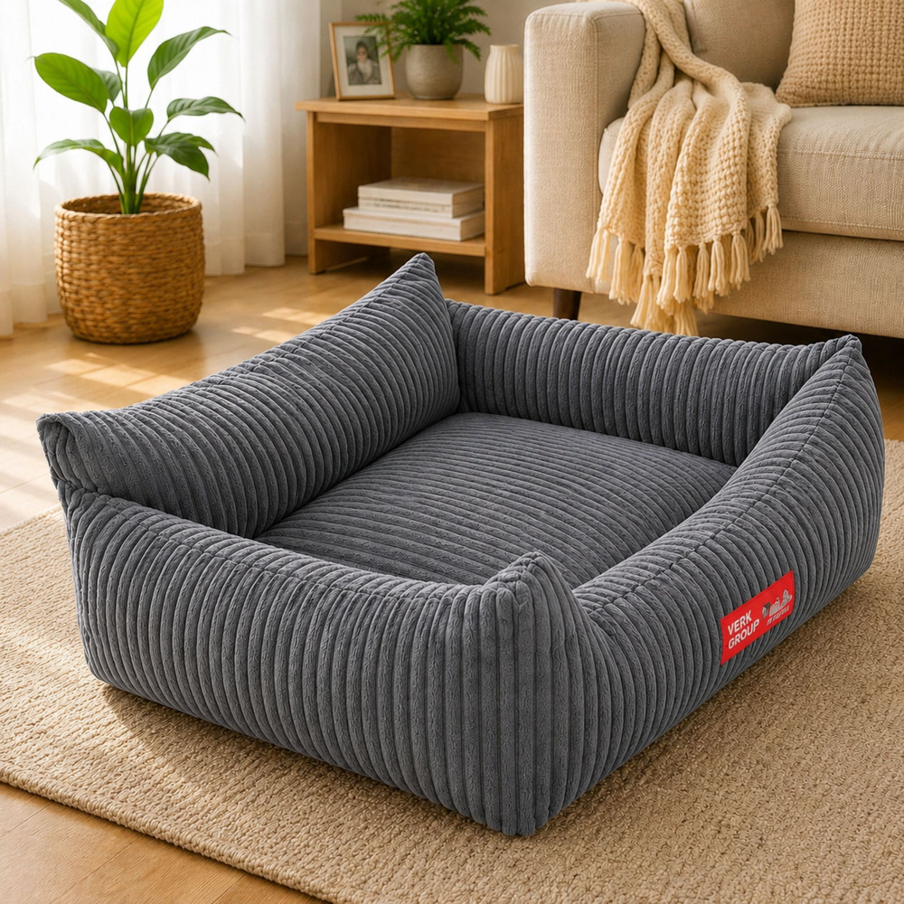Soft Corduroy Dog and Cat Bed, Size M, 60x45cm, Dark Grey