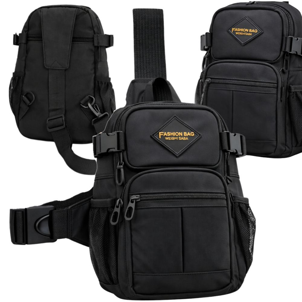Vīriešu pleca soma Crossbody ar daudzām kabatām, melna