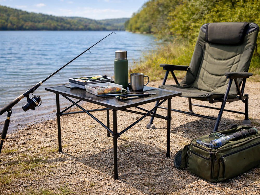 Small Folding Camping Table Portable Fishing Picnic Table, Black Grey