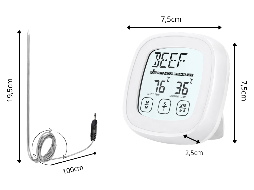 Digital Meat Thermometer with Probe Touch LCD, White
