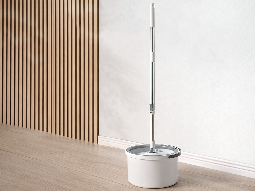 Spin Mop and Bucket Set with Dual Chamber and 2 Microfiber Pads, White
