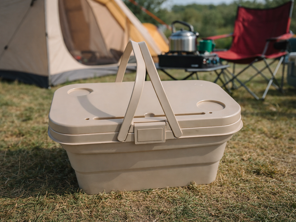 Collapsible Silicone Picnic Basket and Portable Table, Beige