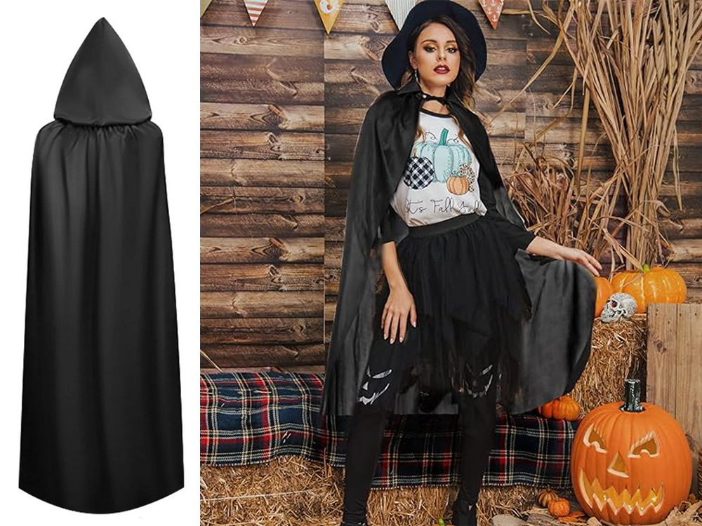 Long Hooded Halloween Cape for Cosplay and Costumes, Black