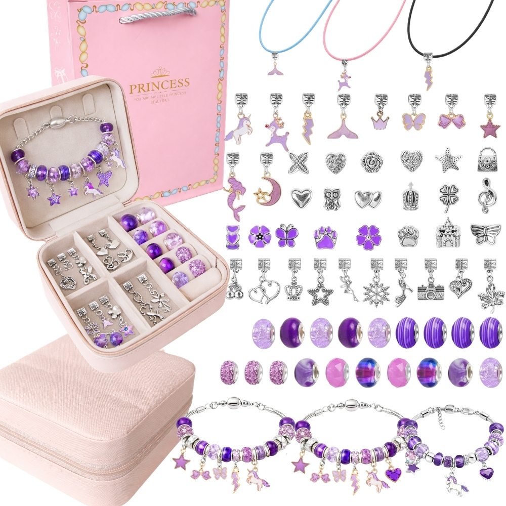 Charm Bracelet and Necklace Making Kit with Jewelry Box, Purple