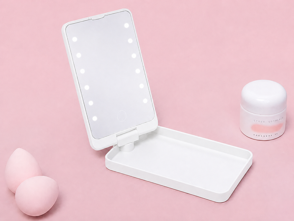Folding Cosmetic Mirror with LED Backlight, White