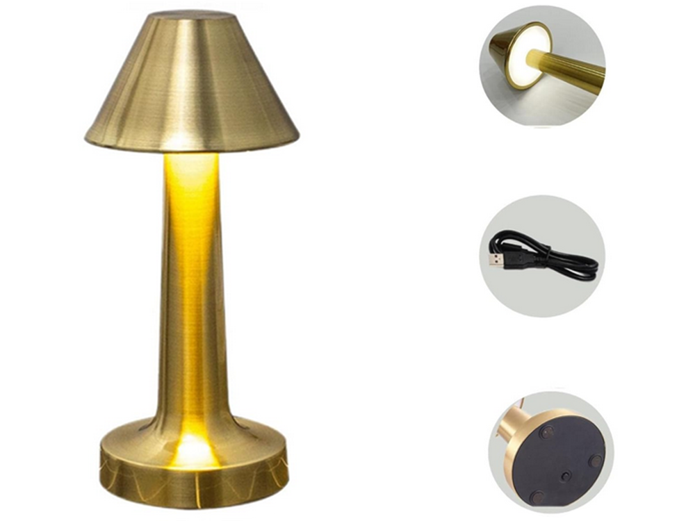Bezvadu LED galda lampa, skārienvadība, 3 gaismas toņi, zelta