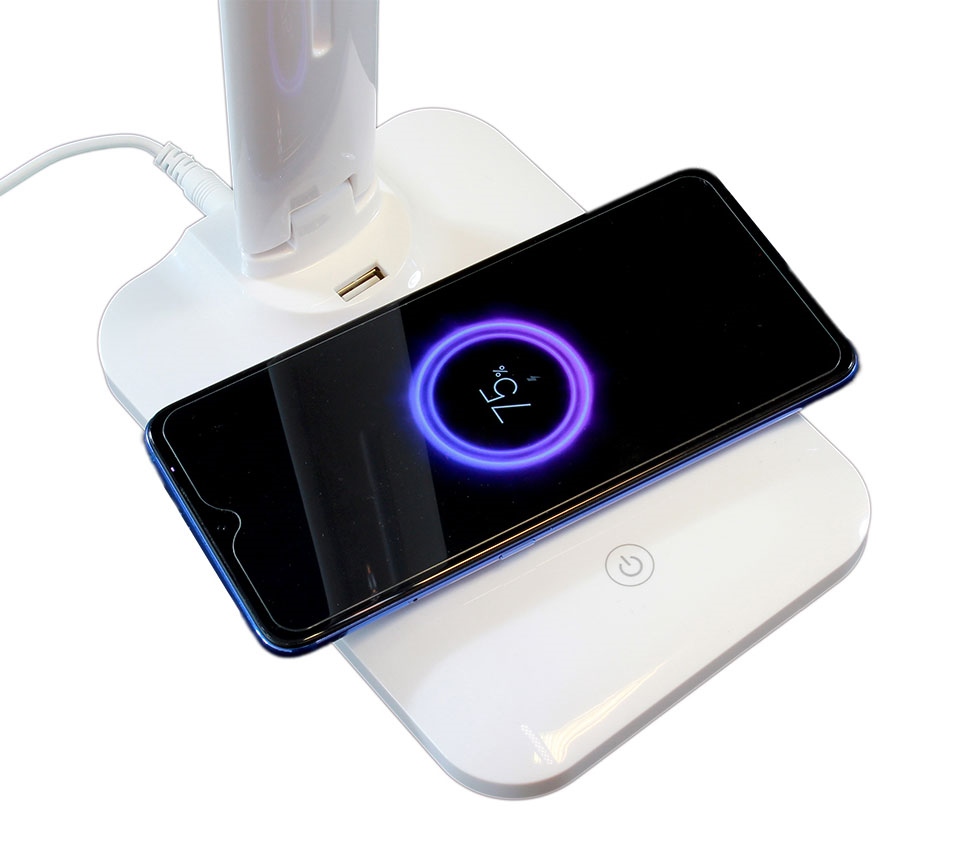 Salokāmā Regulējama LED Galda Lampa ar QI Bezvadu Uzlādi, Balts | Desk LED Lamp with Wireless Charger Qi