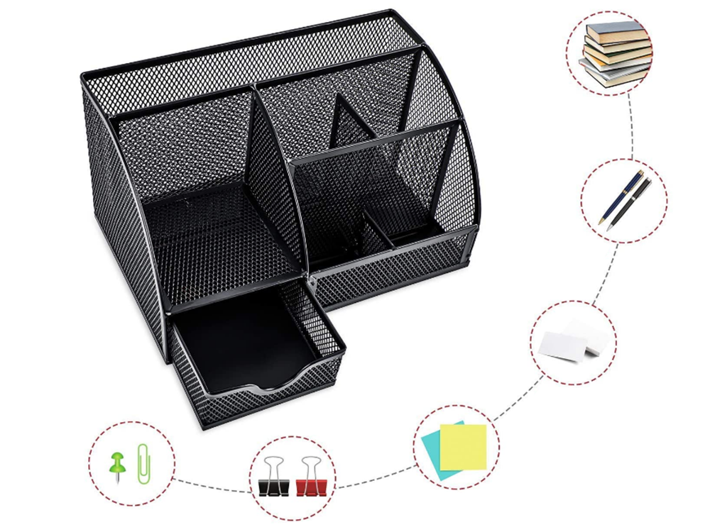 Metal Desktop Organizer Stationery Container with 6 Compartments, Black