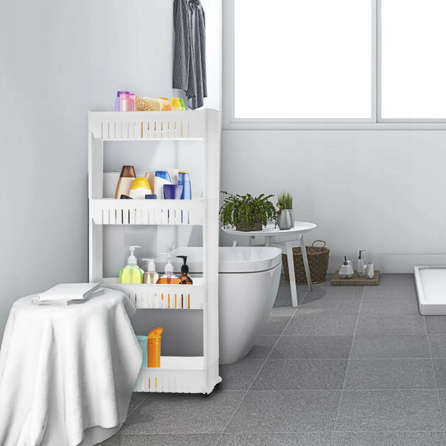 Storage Trolley on Wheels, Rolling Cart Organizer Shelf for Bathroom Kitchen Laundry Room Narrow Places, White