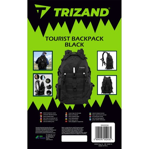 Trizand 00020534 Military Style Hiking Backpack, 25L, Black
