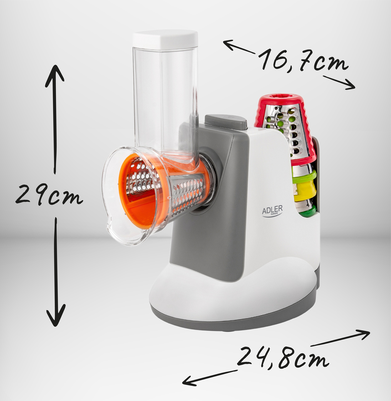 Adler AD 4815 Elektriskā Dārzeņu Griezēja Rīves Smalcinātājs + 5 piederumi | Electric Vegetable Cutter Grater...
