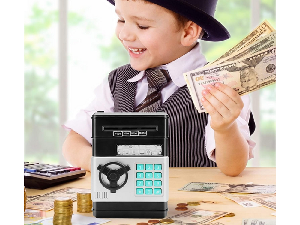 Piggy Bank Toy Box for Money with Fingerprint and Password, Black