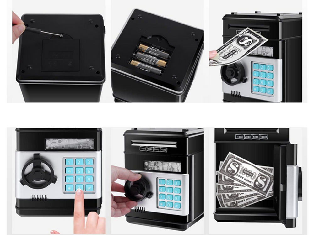 Piggy Bank Toy Box for Money with Fingerprint and Password, Black