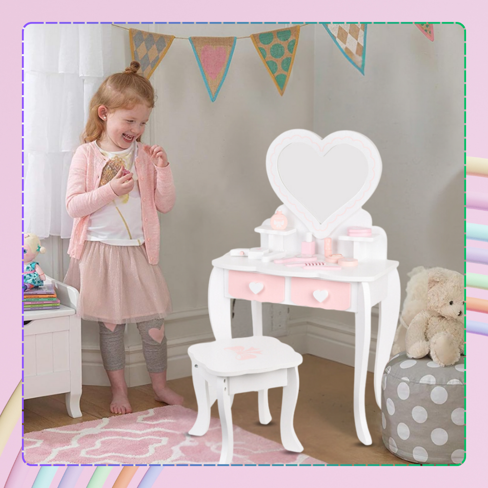 Kids Wooden Play Makeup Cosmetic Dressing Vanity Table with Accessories