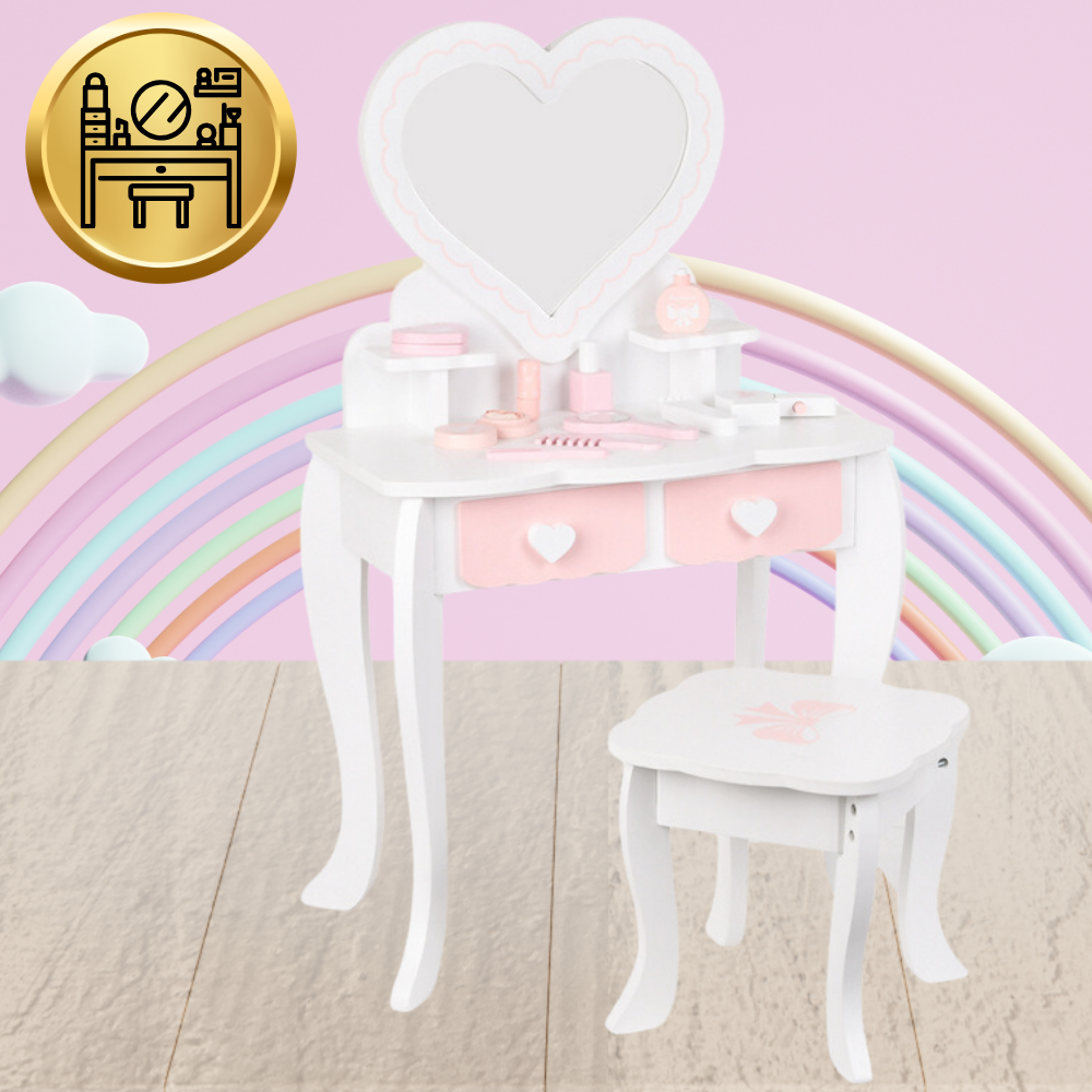 Kids Wooden Play Makeup Cosmetic Dressing Vanity Table with Accessories