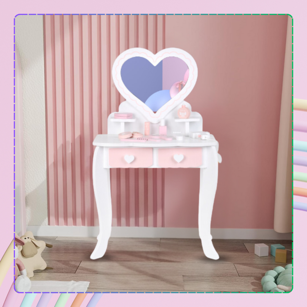 Kids Wooden Play Makeup Cosmetic Dressing Vanity Table with Accessories