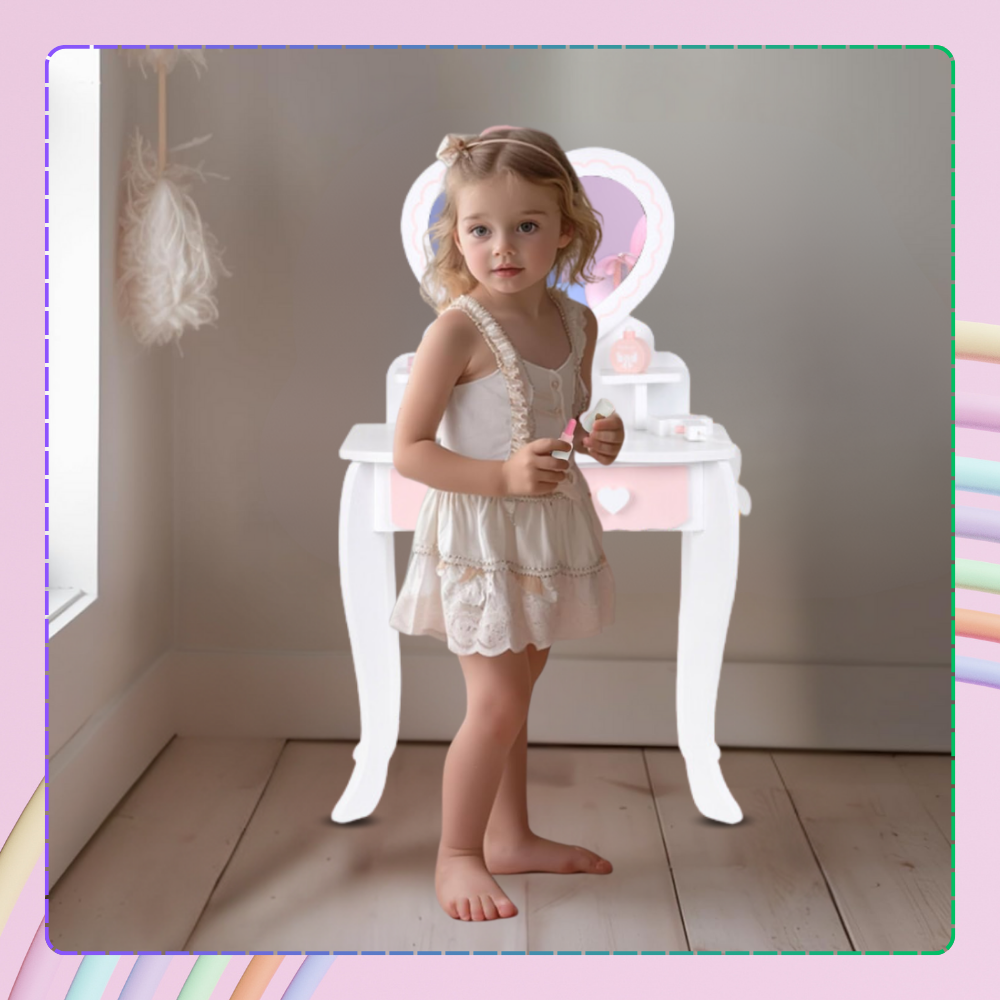 Kids Wooden Play Makeup Cosmetic Dressing Vanity Table with Accessories