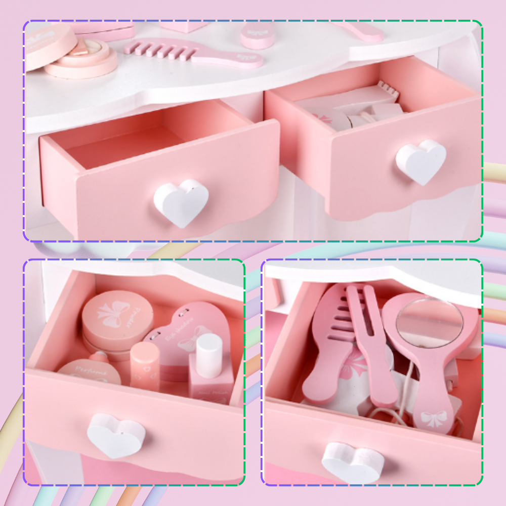 Kids Wooden Play Makeup Cosmetic Dressing Vanity Table with Accessories