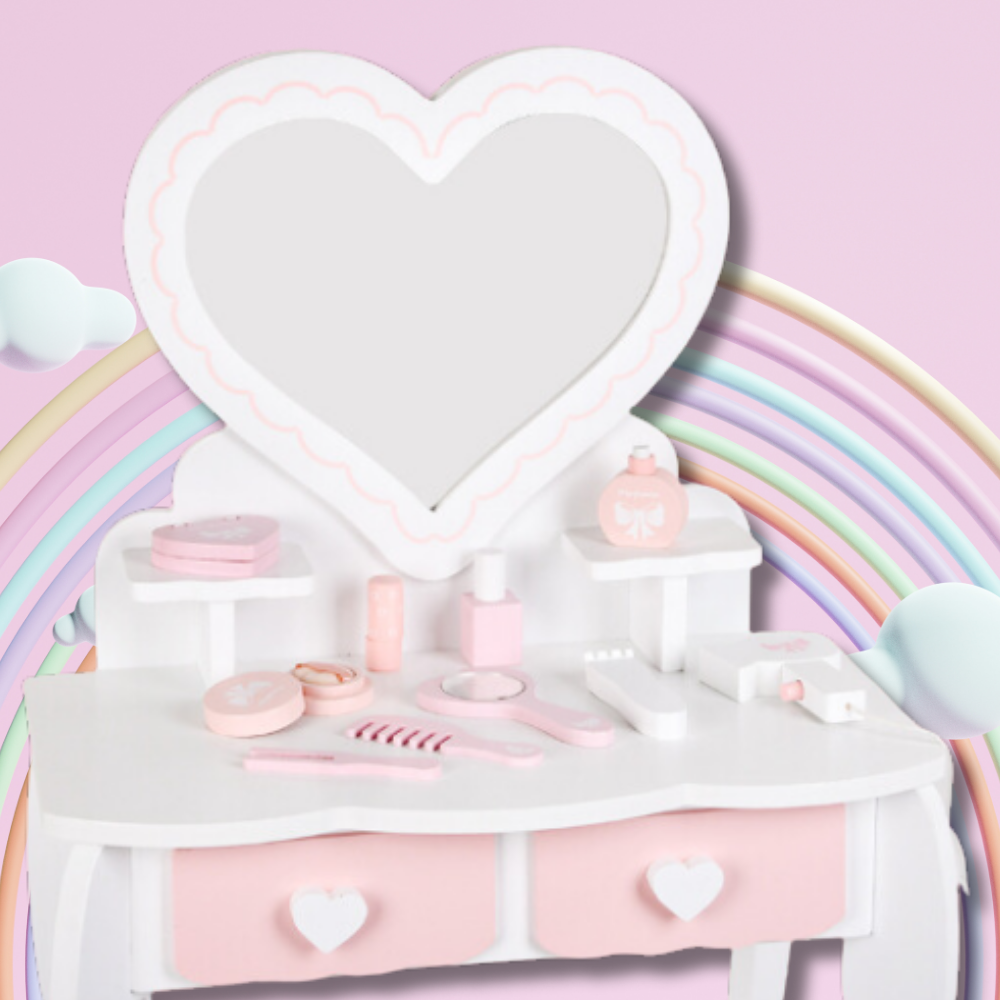 Kids Wooden Play Makeup Cosmetic Dressing Vanity Table with Accessories