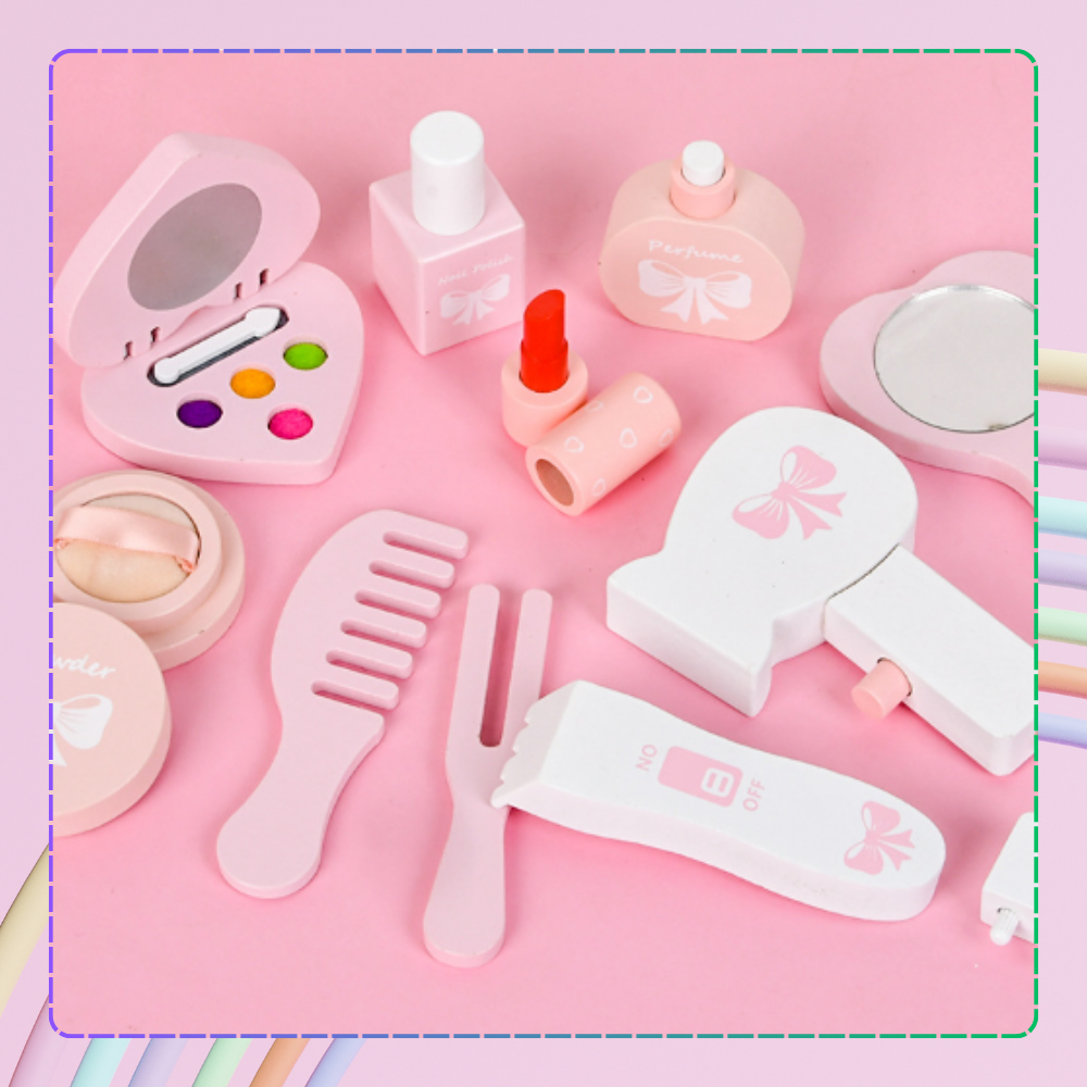 Kids Wooden Play Makeup Cosmetic Dressing Vanity Table with Accessories