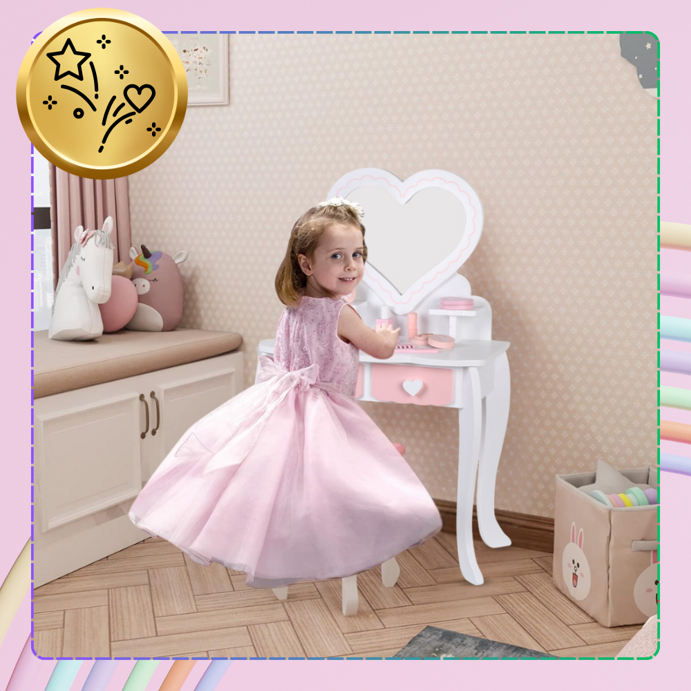 Kids Wooden Play Makeup Cosmetic Dressing Vanity Table with Accessories