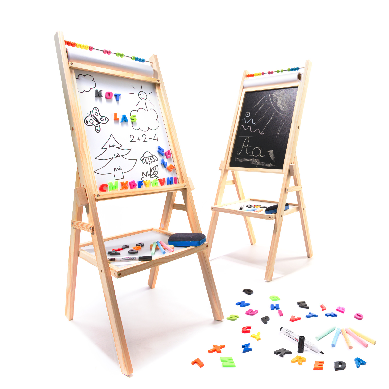 Bērnu divpusēja magnētiskā tāfele zīmēšanai + skaitītājs, burti, krītiņi 90cm, koka | Magnetic Chalkboard...