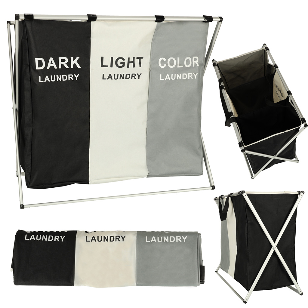 3-Compartment Laundry Basket 135L, Black/Grey/White