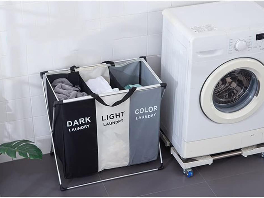 3-Compartment Laundry Basket 135L, Black/Grey/White