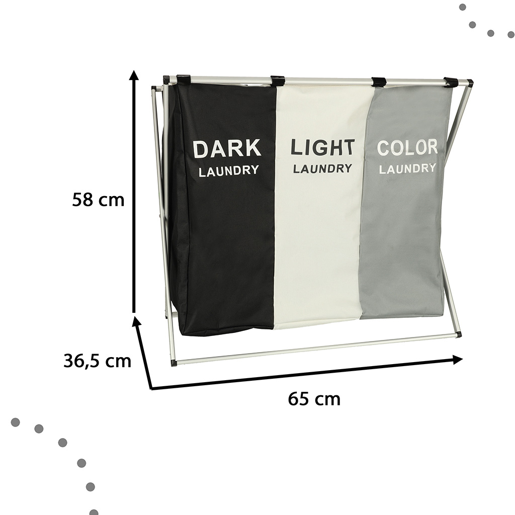 3-Compartment Laundry Basket 135L, Black/Grey/White