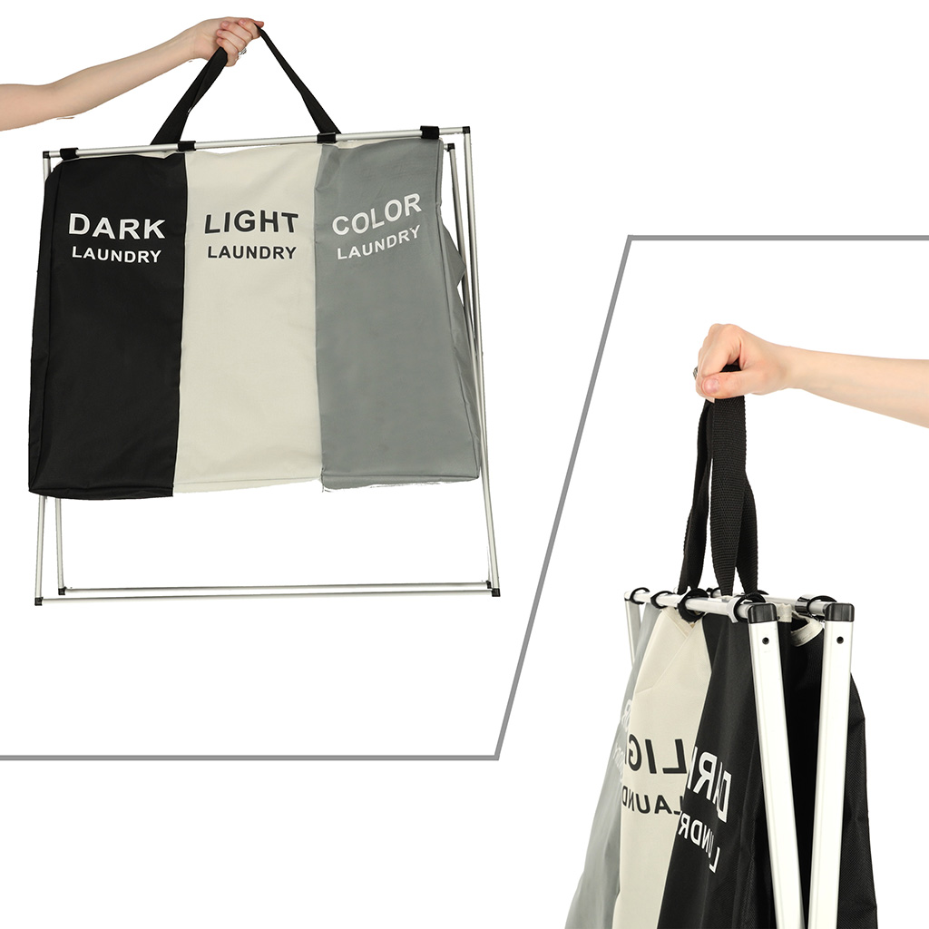 3-Compartment Laundry Basket 135L, Black/Grey/White