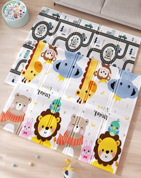 Double-sided Foldable Foam Play Mat Pad Rug for Kids, Street/Animals, 198x179cm