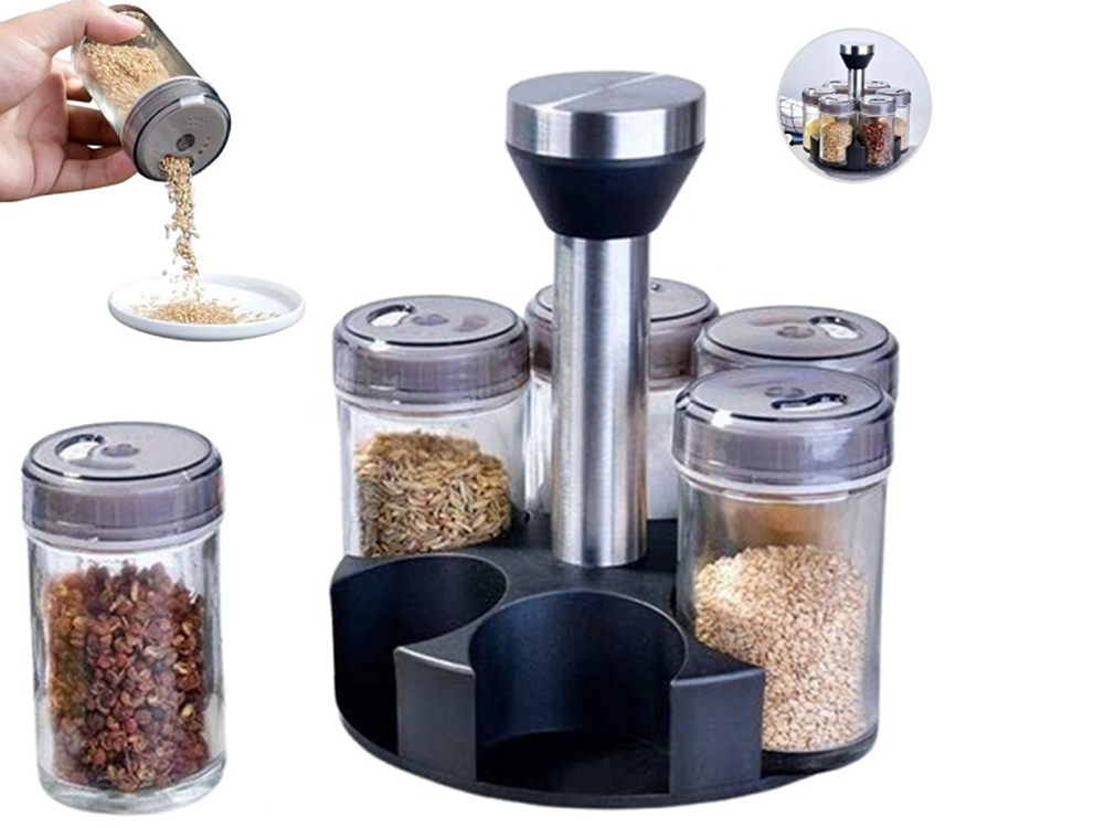 Rotating Spice Rack Organizer with 6 Glass Jars