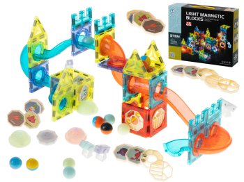 Bērnu Mirdzošs Magnētiskais Konstruktors Bumbu Slidkalniņš Celtniecības Bloku Kluču Komplekts 75 gb. | Kids Light Magnetic Constructor Rolling Ball Rail Bricks Set