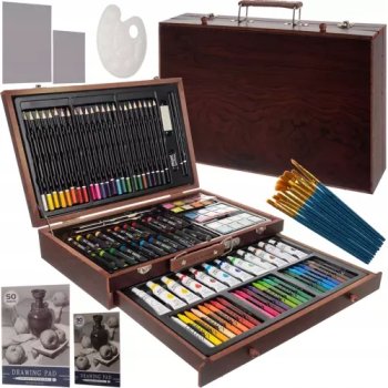 MAALEO Mākslinieka zīmēšanas, gleznošanas piederumu komplekts koka koferī bērniem, 128 gb. (zīmuļi, krāsas, otas u.c.) | Painting Art Set in a Suitcase