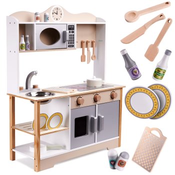 Bērnu Rotaļu Spēļu MDF Koka Virtuves Iekārta Komplekts ar Piederumiem LULILO, 85cm | Kids Toy Wooden Kitchen With Accessories